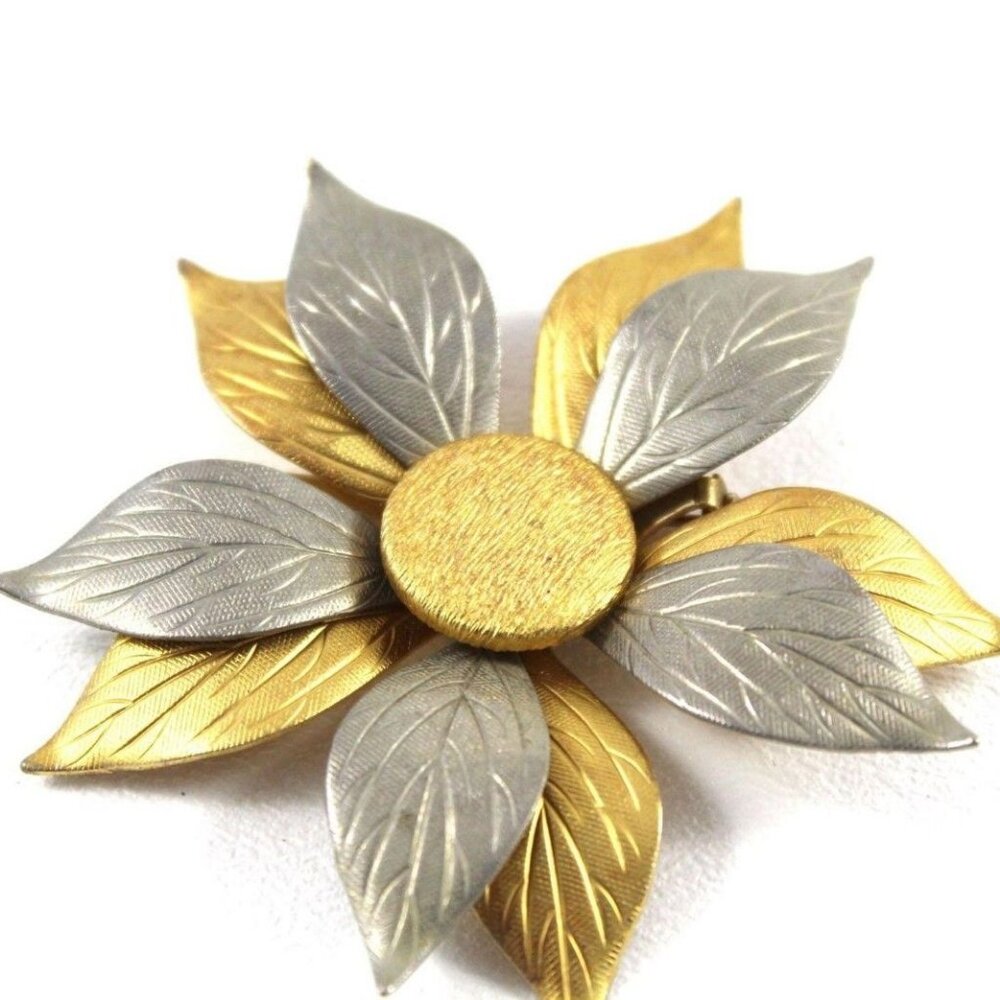 Vintage Leaf Brooch Pin Silver & Gold Floral Design